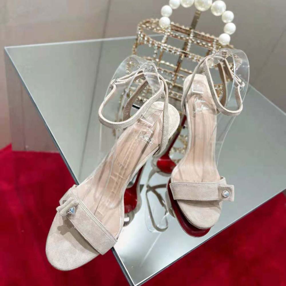 Overhead view showing suede texture and signature red sole on Christian Louboutin Women Umberta 100 mm