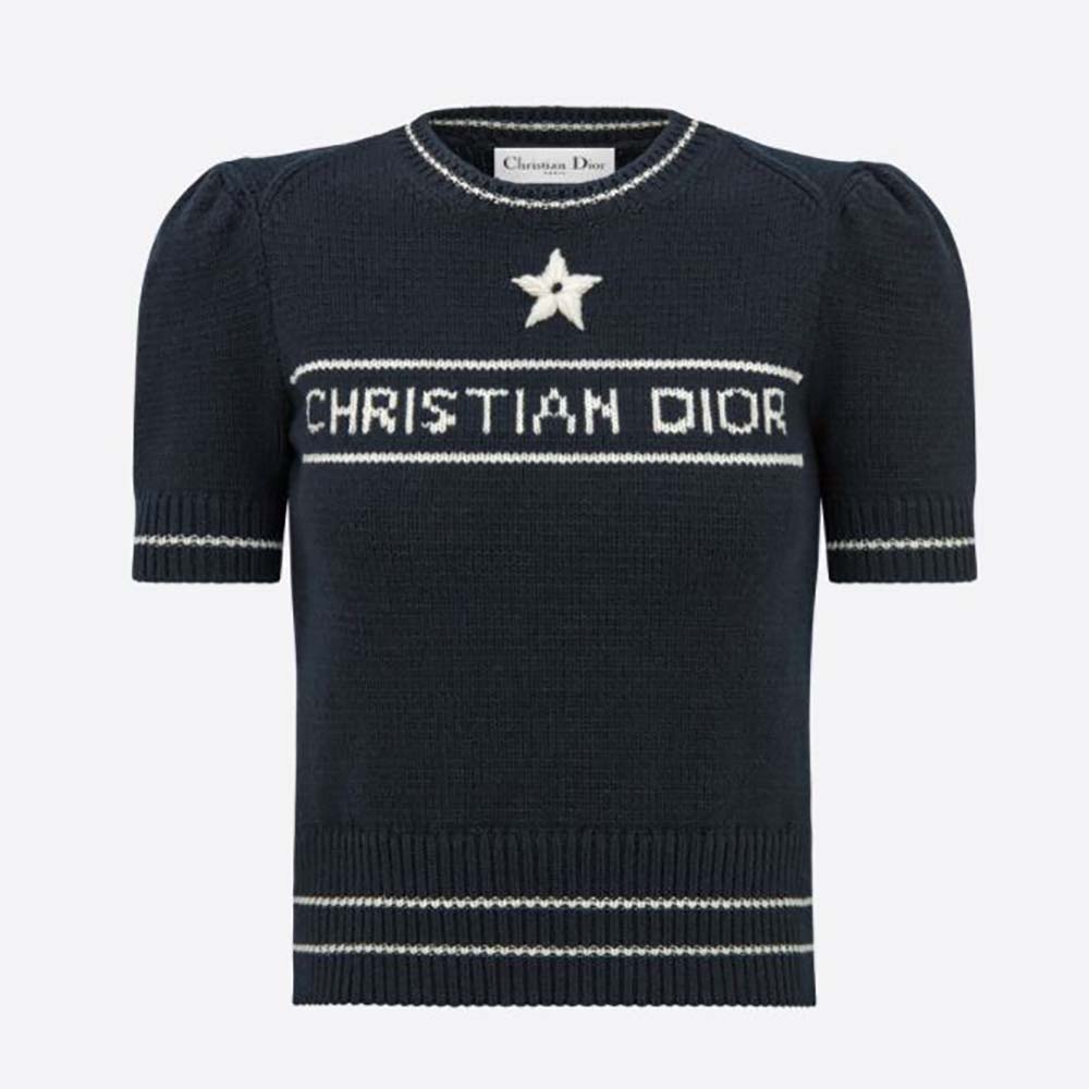 Front view of Dior Women Christian Dior Short-Sleeved Sweater Navy Blue Cashmere and Wool Knit