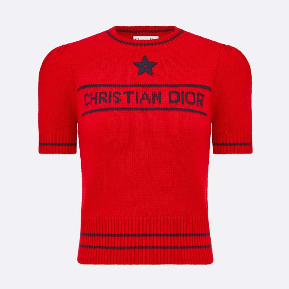 Front view of Dior Women Christian Dior Short-Sleeved Sweater Red Cashmere and Wool Knit