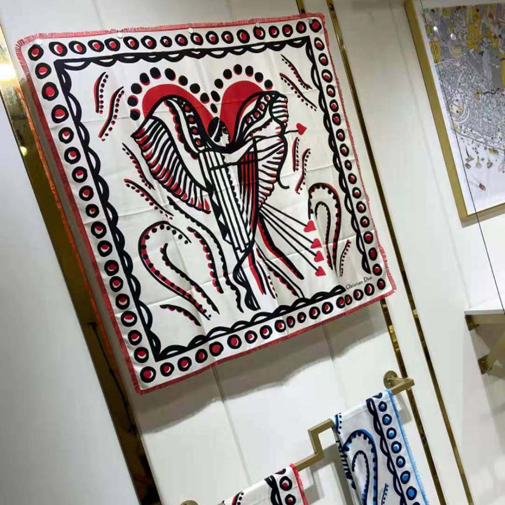 Dior Women Cupidon Square Scarf folded showing red, white, black print