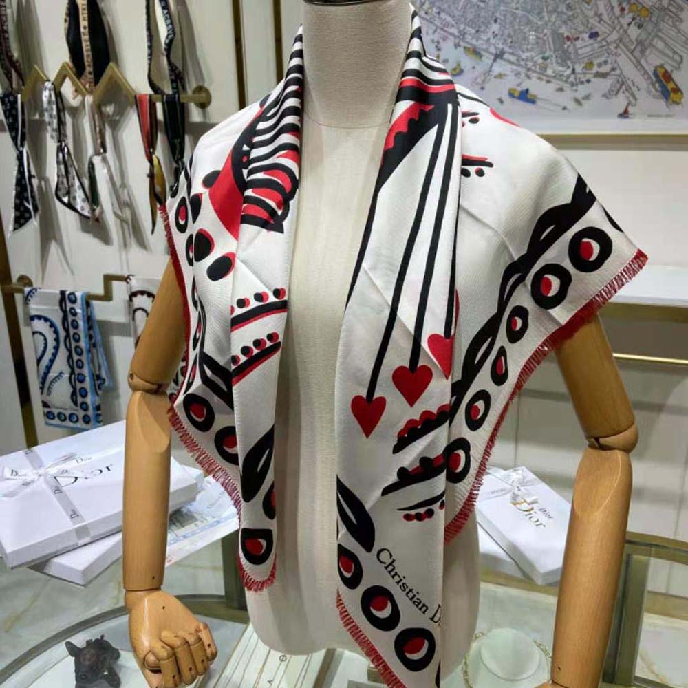 Dior Women Cupidon Square Scarf White Black and Red Silk Twill - image 7
