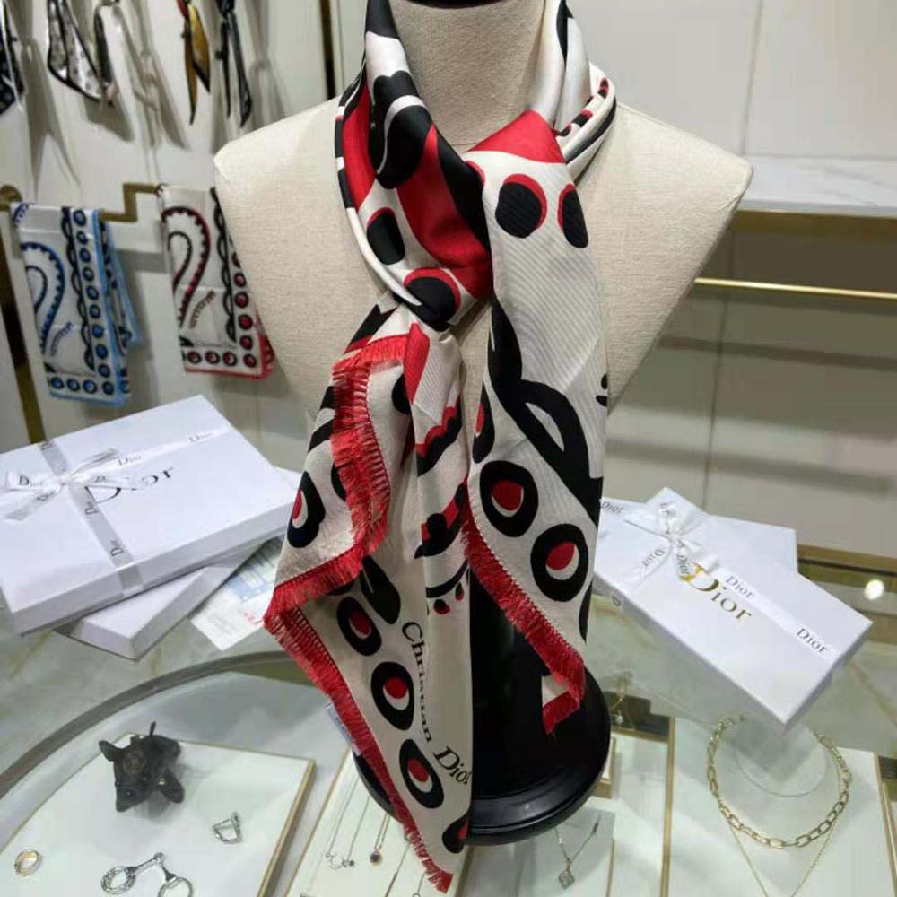 Dior Women Cupidon Square Scarf White Black and Red Silk Twill - image 4