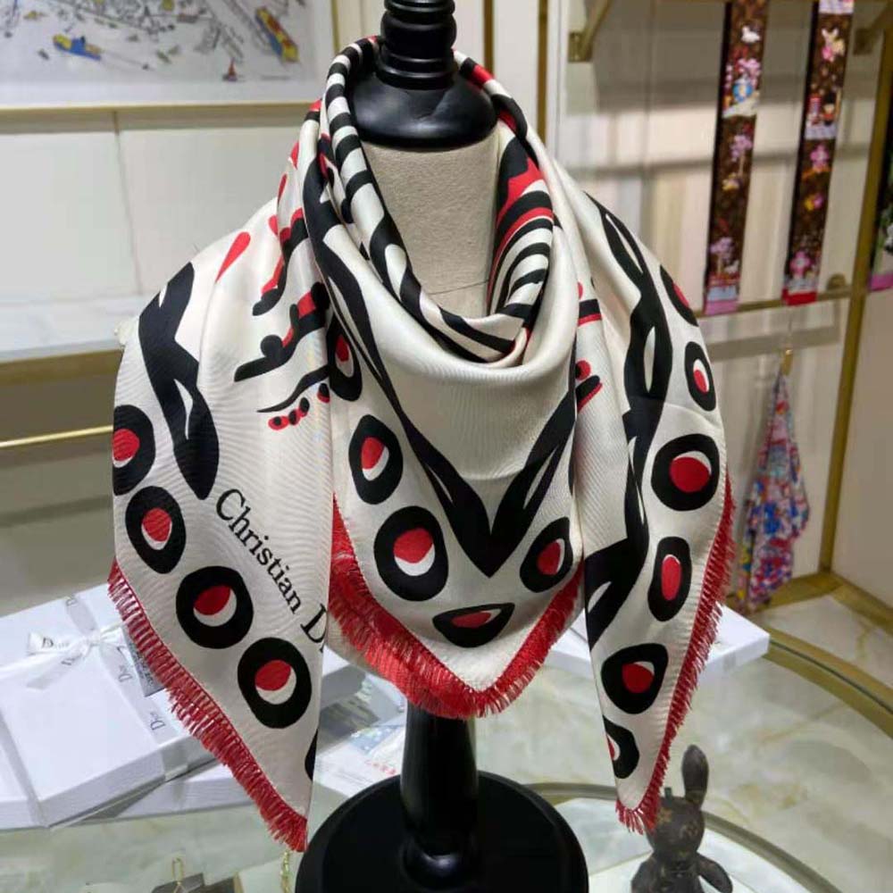 Dior Women Cupidon Square Scarf White Black and Red Silk Twill - image 5