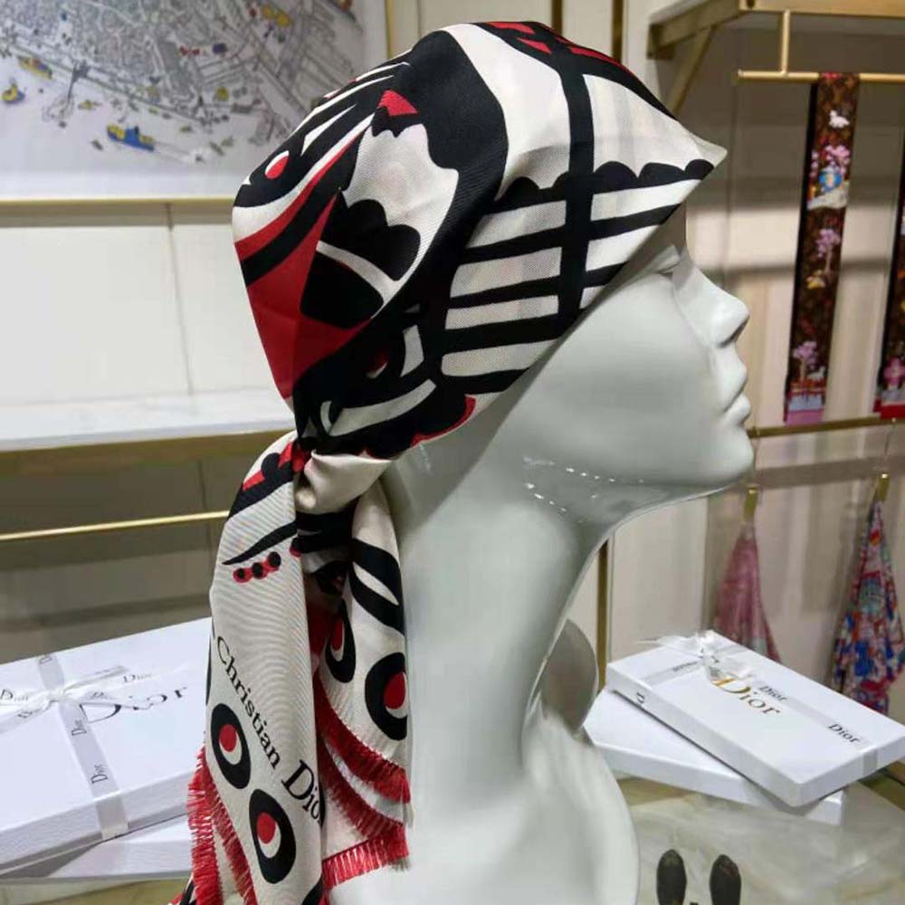 Dior Women Cupidon Square Scarf White Black and Red Silk Twill - image 6