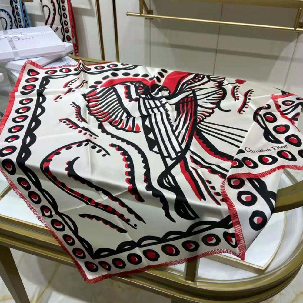 Dior Women Cupidon Square Scarf White Black and Red Silk Twill - image 8