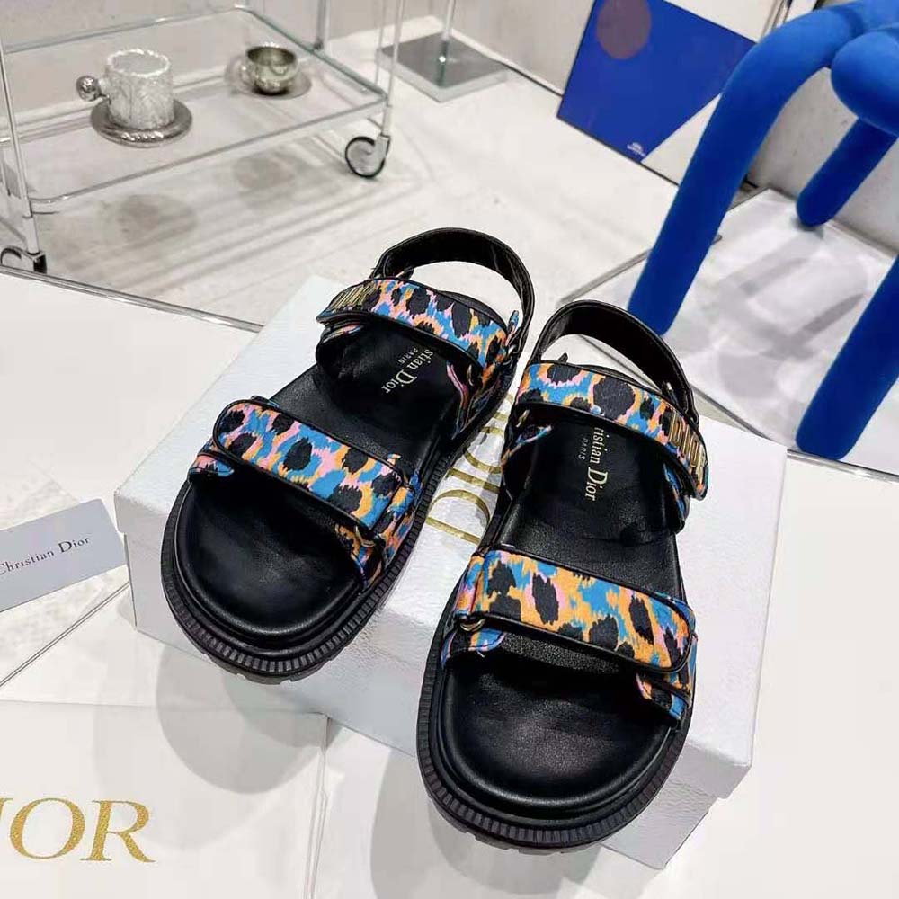Side profile showing heel and silk print of Dior Women Dioract Sandal