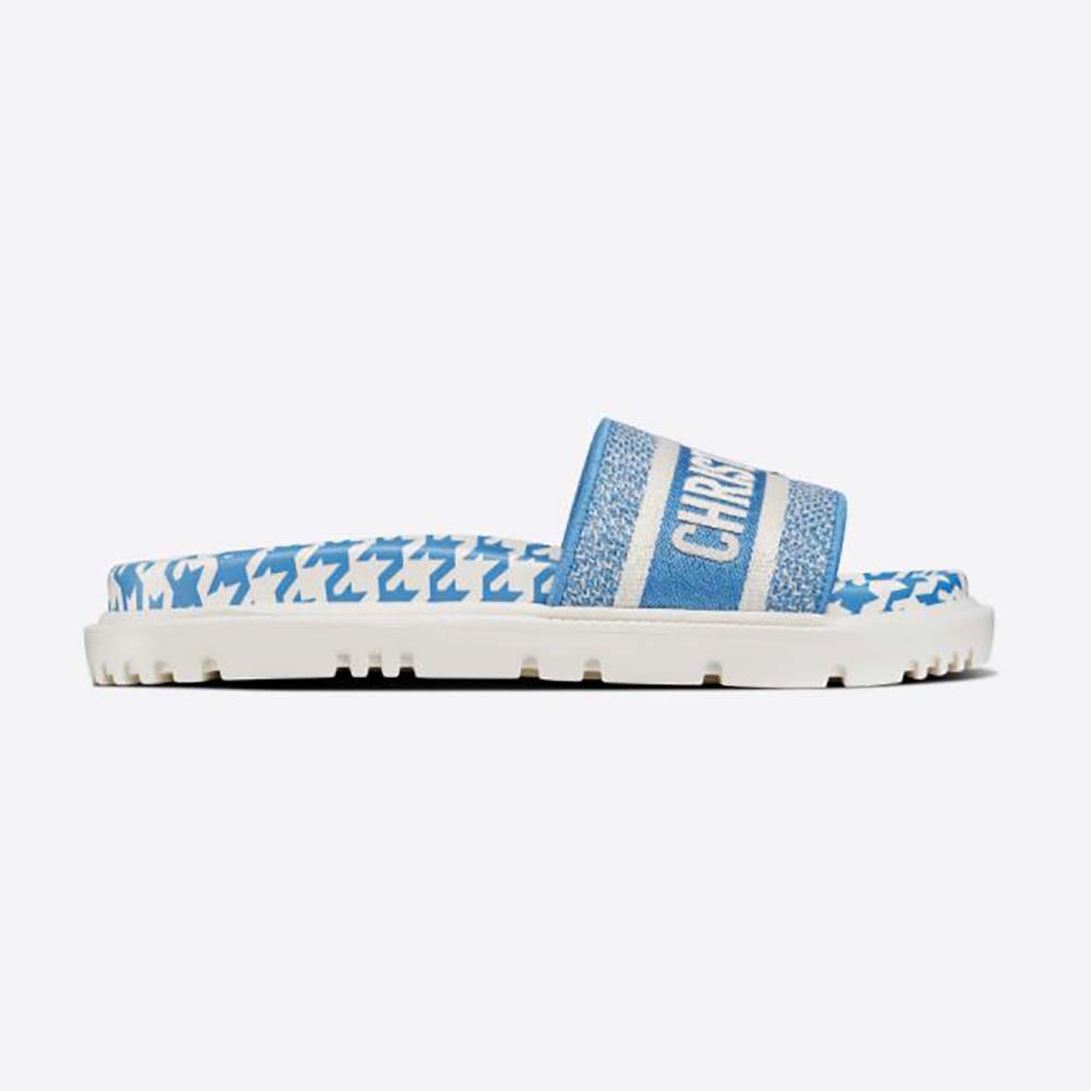 Side view of Dior Women Dway Slide Cornflower Blue Embroidered Cotton sandal