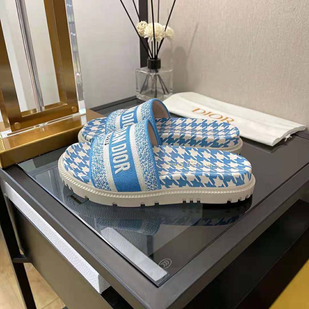 Dior Women Dway Slide Cornflower Blue Embroidered Cotton with Micro Houndstooth Motif - image 4