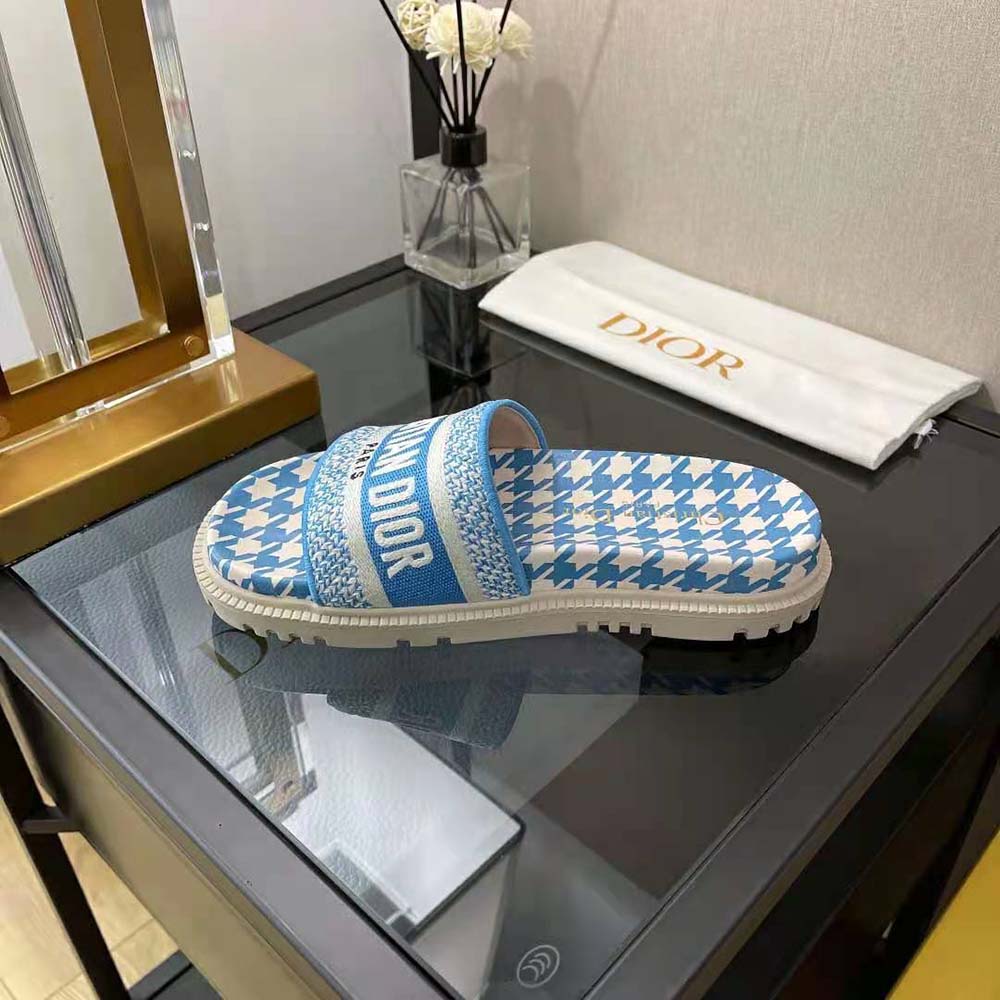 Dior Women Dway Slide Cornflower Blue Embroidered Cotton with Micro Houndstooth Motif - image 5