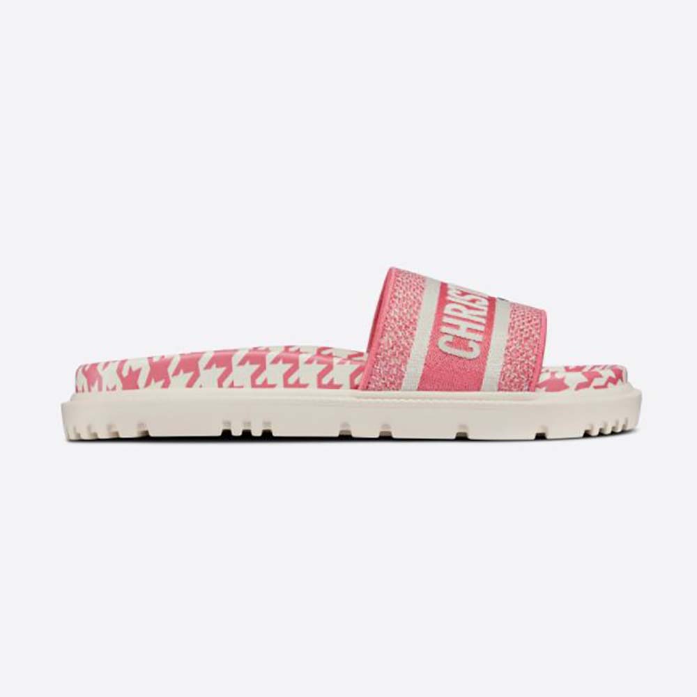 Front angle of Dior Women Dway Slide Peony Pink embroidery detail