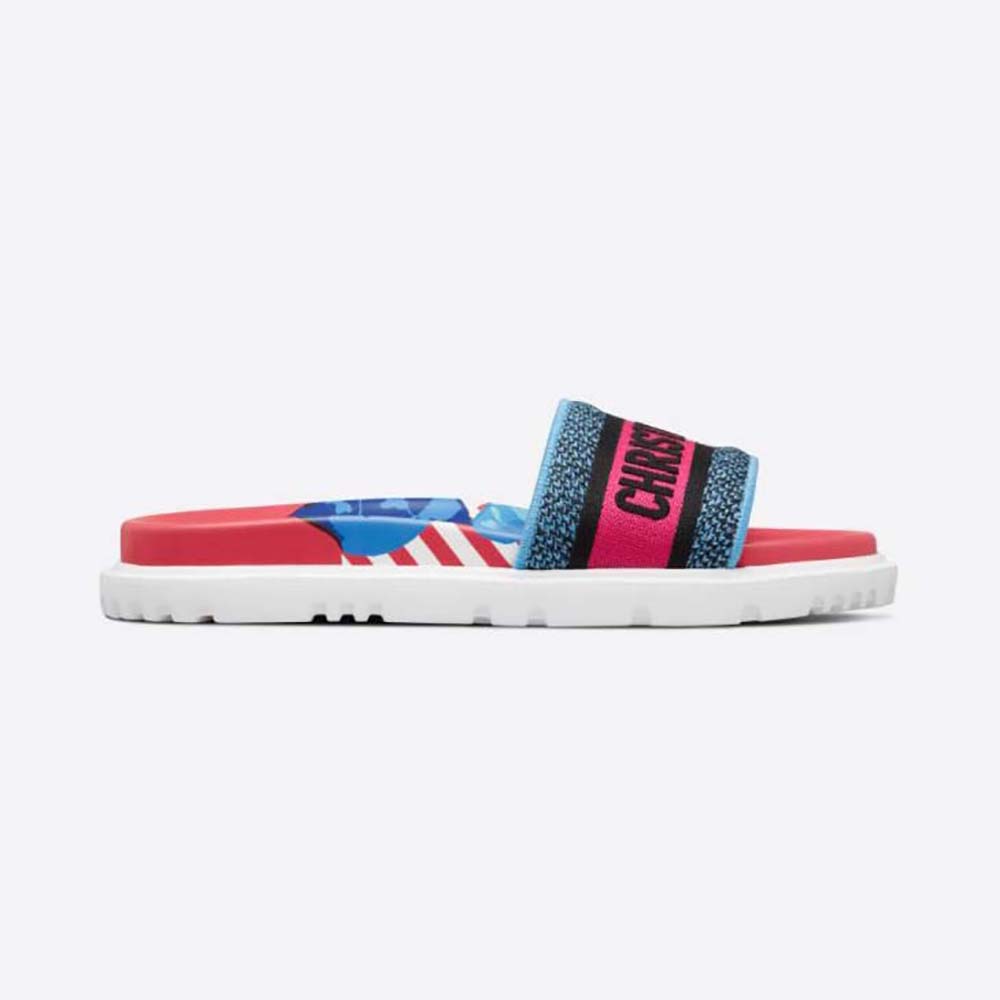 Front angle of Dior Women Dway Slide Pink Multicolor embroidery detail