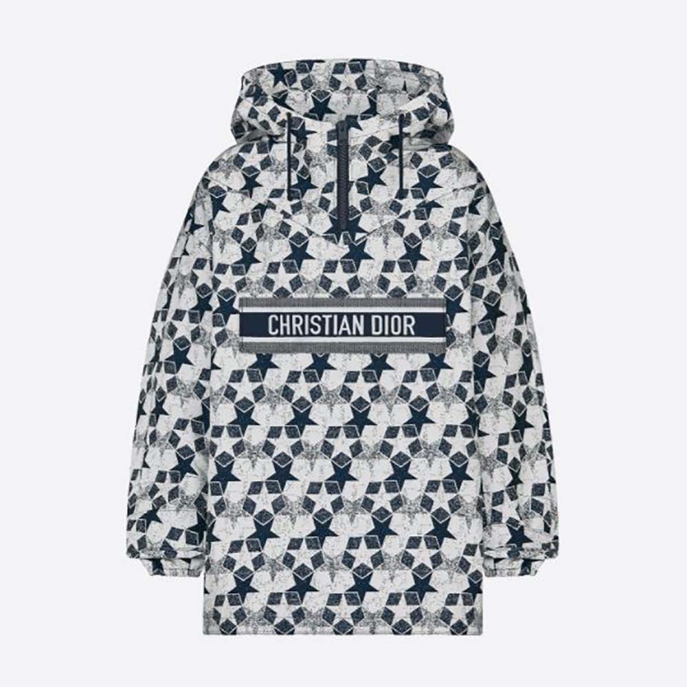 Front view of Dior Women Hooded Anorak Navy Blue Technical Taffeta Jacquard