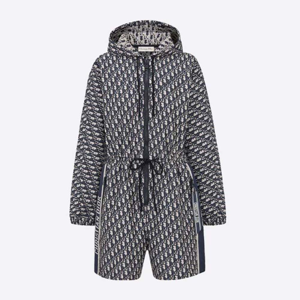 Front view of Dior Women Hooded Romper Blue Technical Taffeta Jacquard