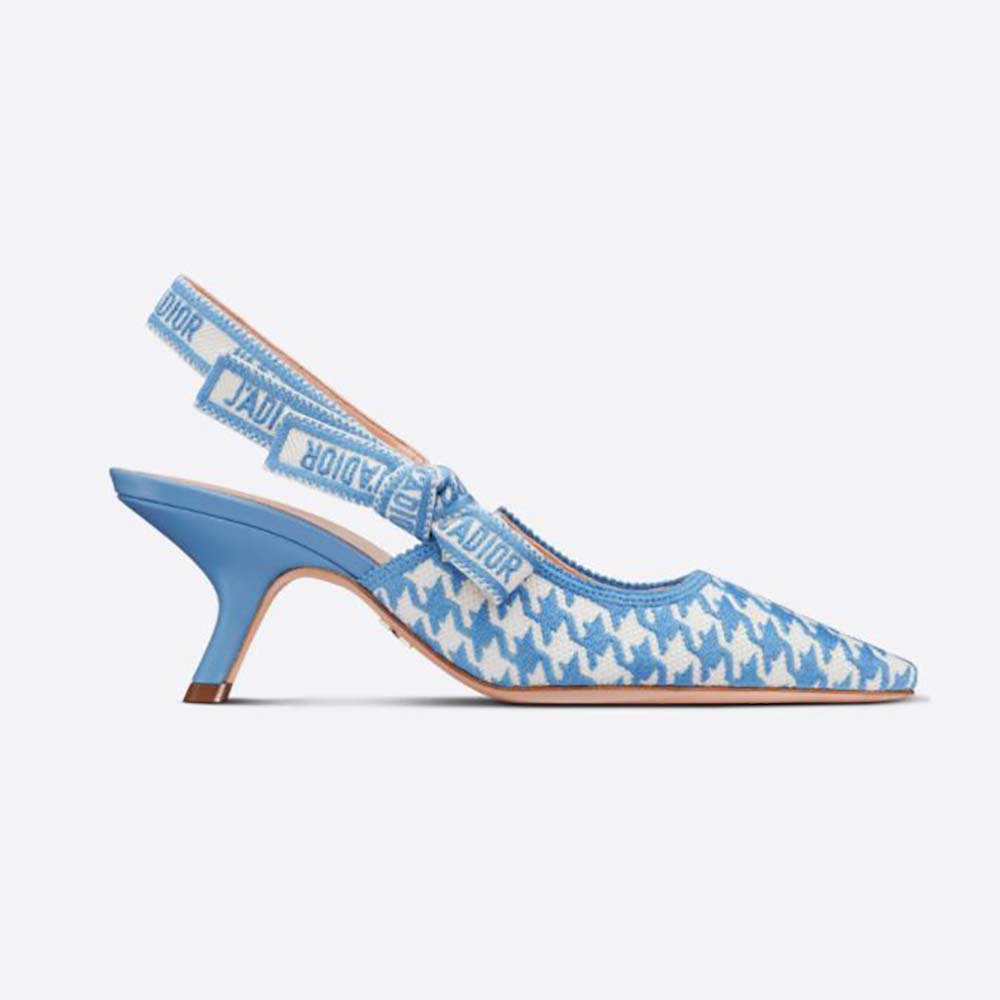 Front angle of Dior Women J Adior Slingback Pump Cornflower Blue Cotton Embroidery
