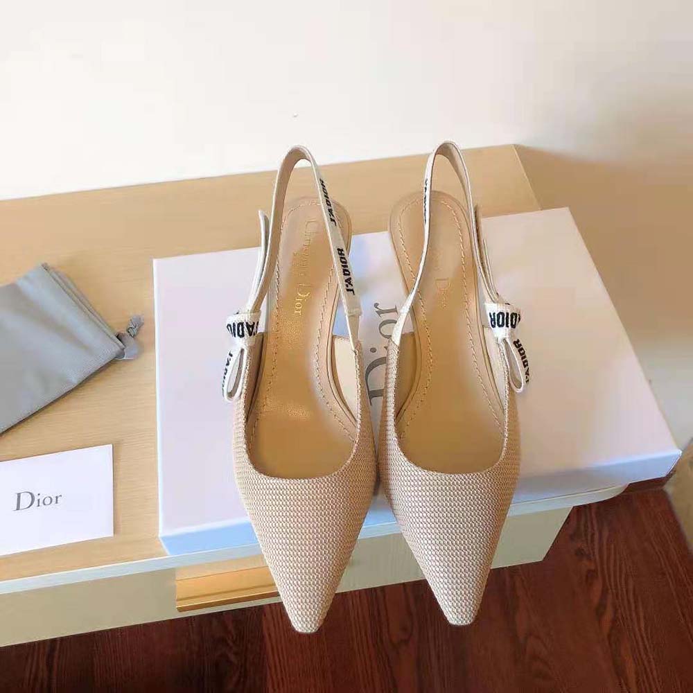 Close-up on signature metallic ‘J’ detail of Dior Women J Adior slingback