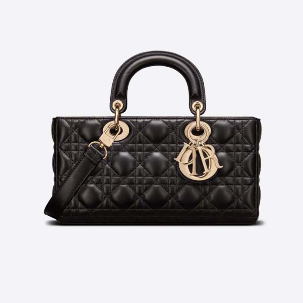 Front view of Dior Women Lady D-Joy Bag Black Cannage Lambskin with flap closed