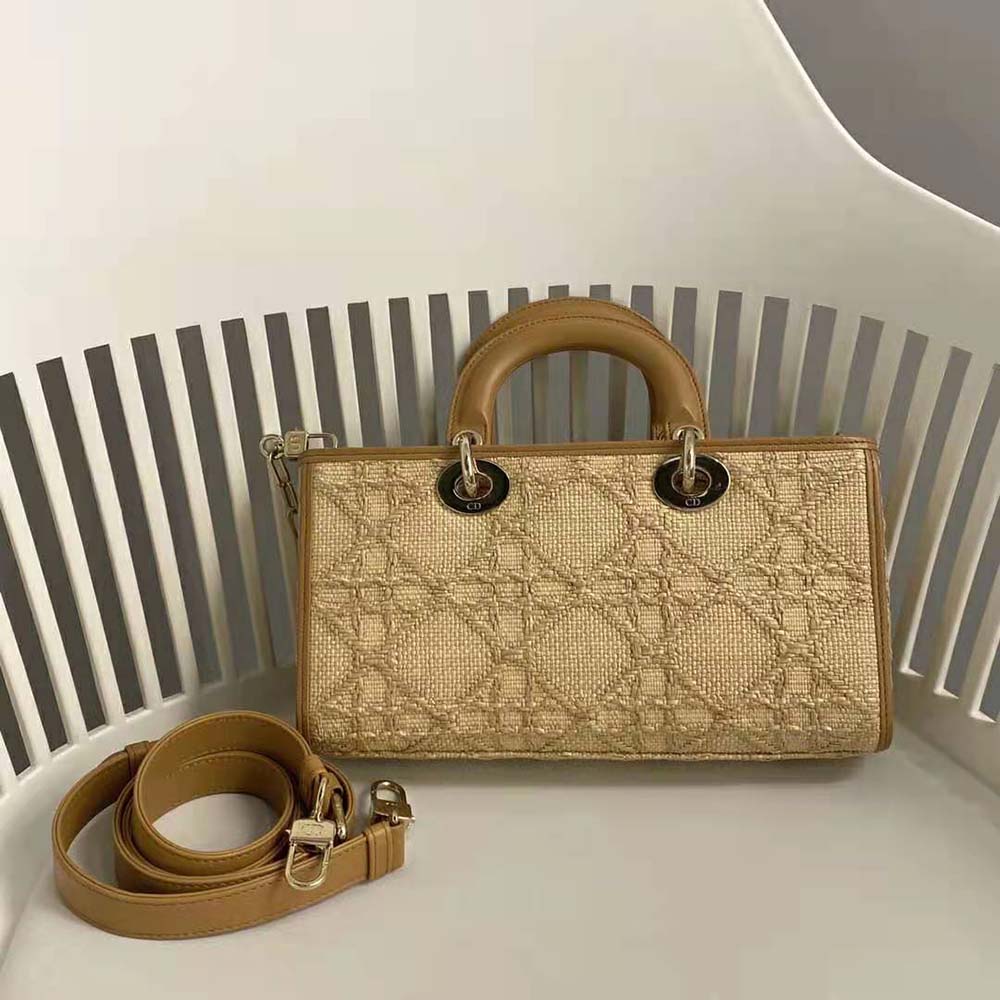 Side profile showing woven raffia texture of Dior Women Lady D-Joy Bag