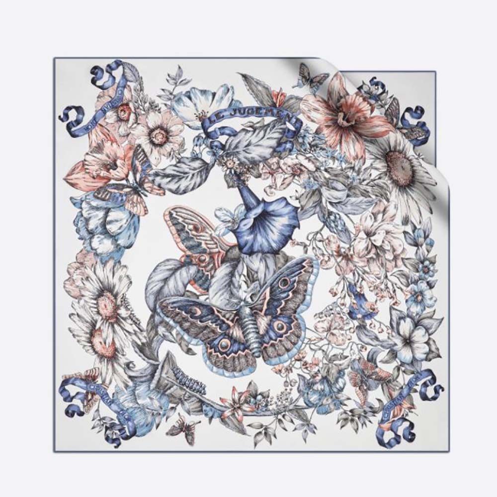 Close-up of Dior Women Le Jugement Square Scarf Blue Silk Twill texture