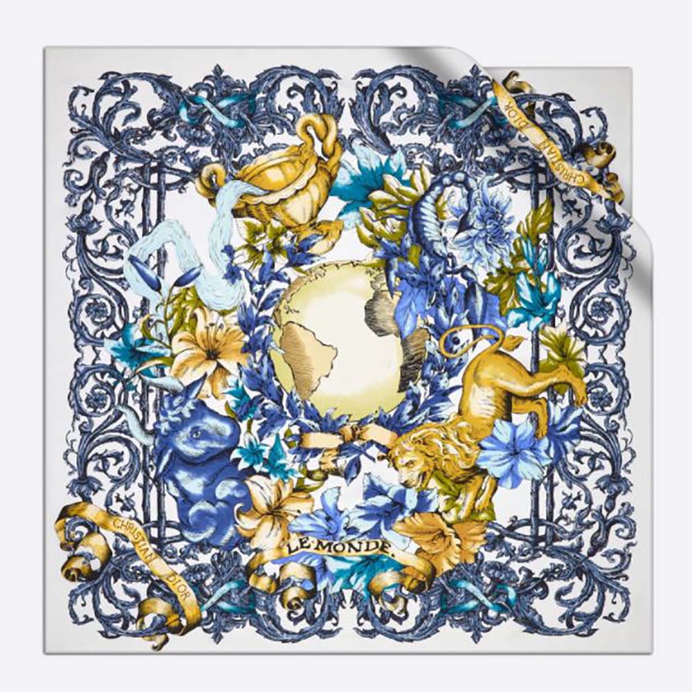 Front view of Dior Women Le Monde Square Scarf Multicolor Silk Twill