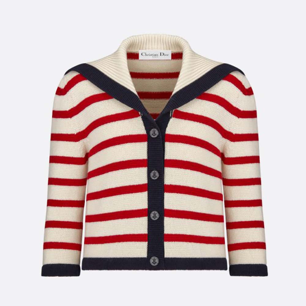 Front view of Dior Women Mariniere Cardigan red and ecru D-stripes knit