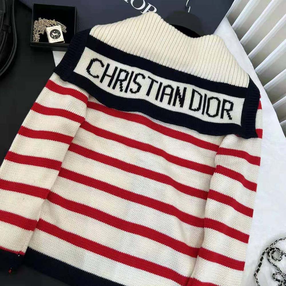 Dior Women Mariniere Cardigan Red and Ecru D-Stripes Ribbed Wool and Cashmere Knit - image 4