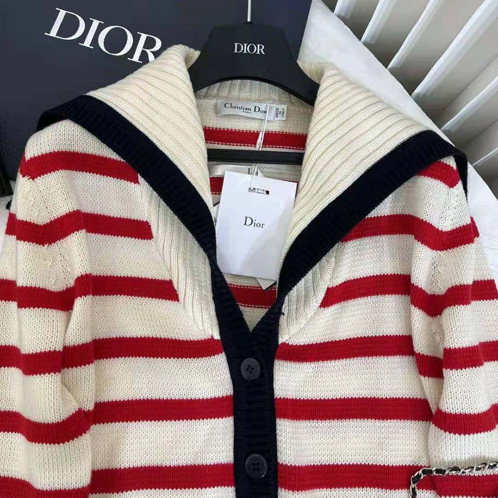 Dior Women Mariniere Cardigan Red and Ecru D-Stripes Ribbed Wool and Cashmere Knit - image 6