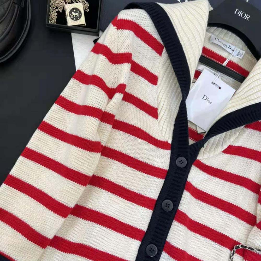 Dior Women Mariniere Cardigan Red and Ecru D-Stripes Ribbed Wool and Cashmere Knit - image 5