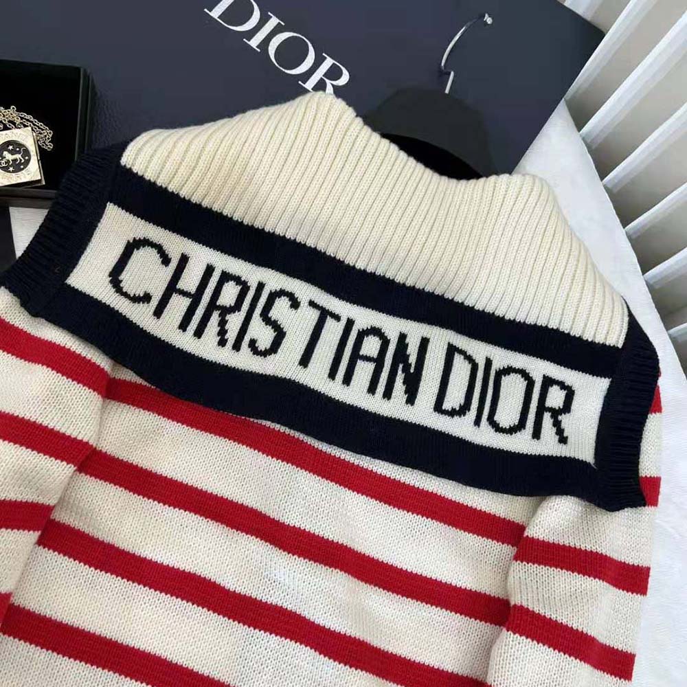 Dior Women Mariniere Cardigan Red and Ecru D-Stripes Ribbed Wool and Cashmere Knit - image 7