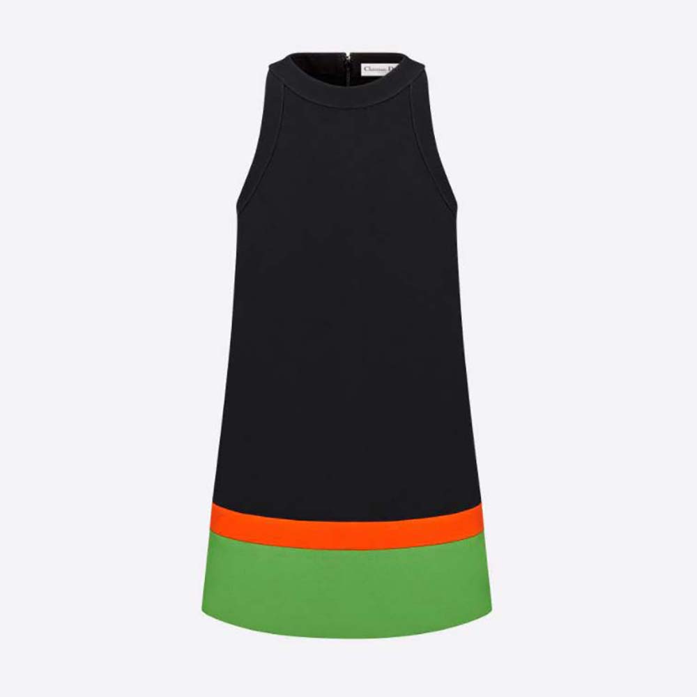 Front view of Dior Women Short A-line Dress Black Fluorescent Orange and Bright Green Wool and Silk