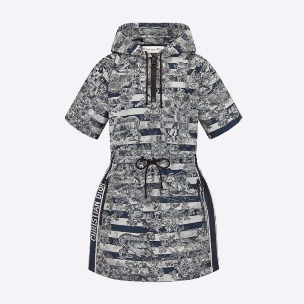 Front view of Dior Women Short Hooded Dress Navy Blue Technical Taffeta Jacquard