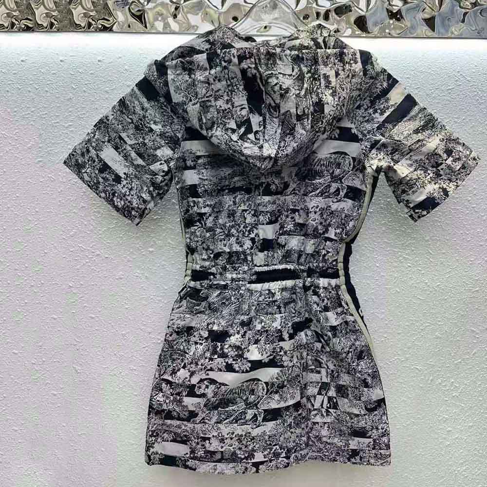 Side profile showing tailored silhouette of Dior Women Short Hooded Dress