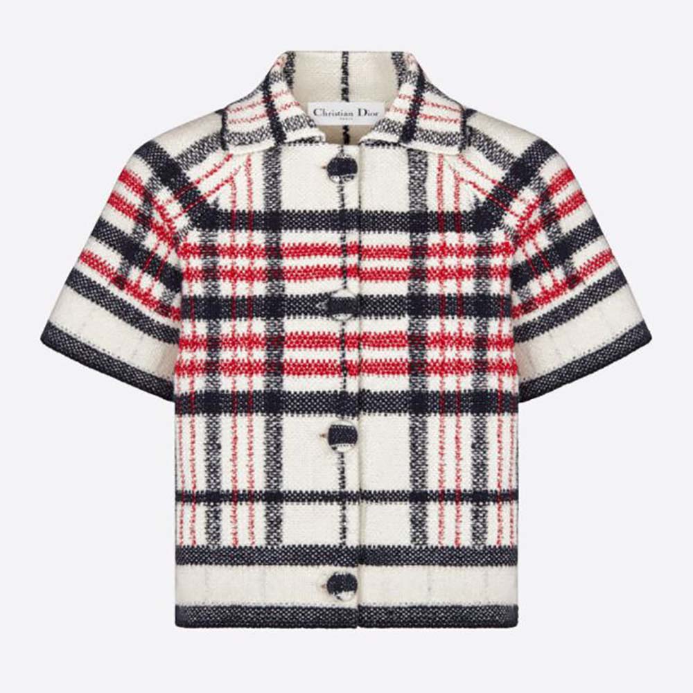Front view of Dior Women Short-Sleeved Jacket Tricolor Check N Dior Technical Cotton and Wool Knit