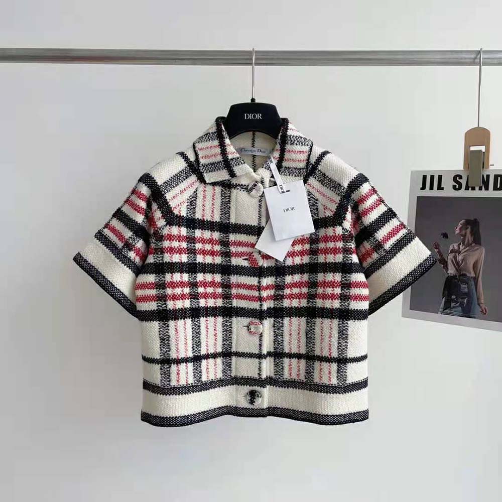 Close-up sleeve detail showing tricolor check on Dior Women Short-Sleeved Jacket