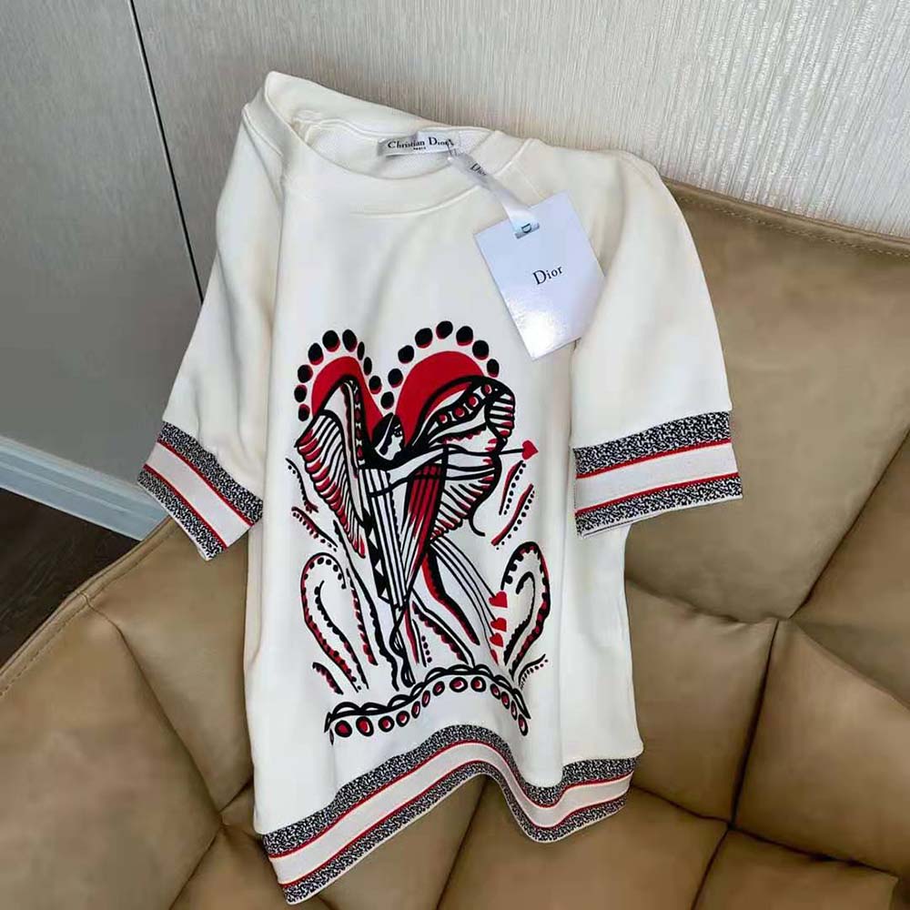 Dior Women Short-Sleeved Sweatshirt White Cotton Jersey with Multicolor Cupidon Motif - image 4