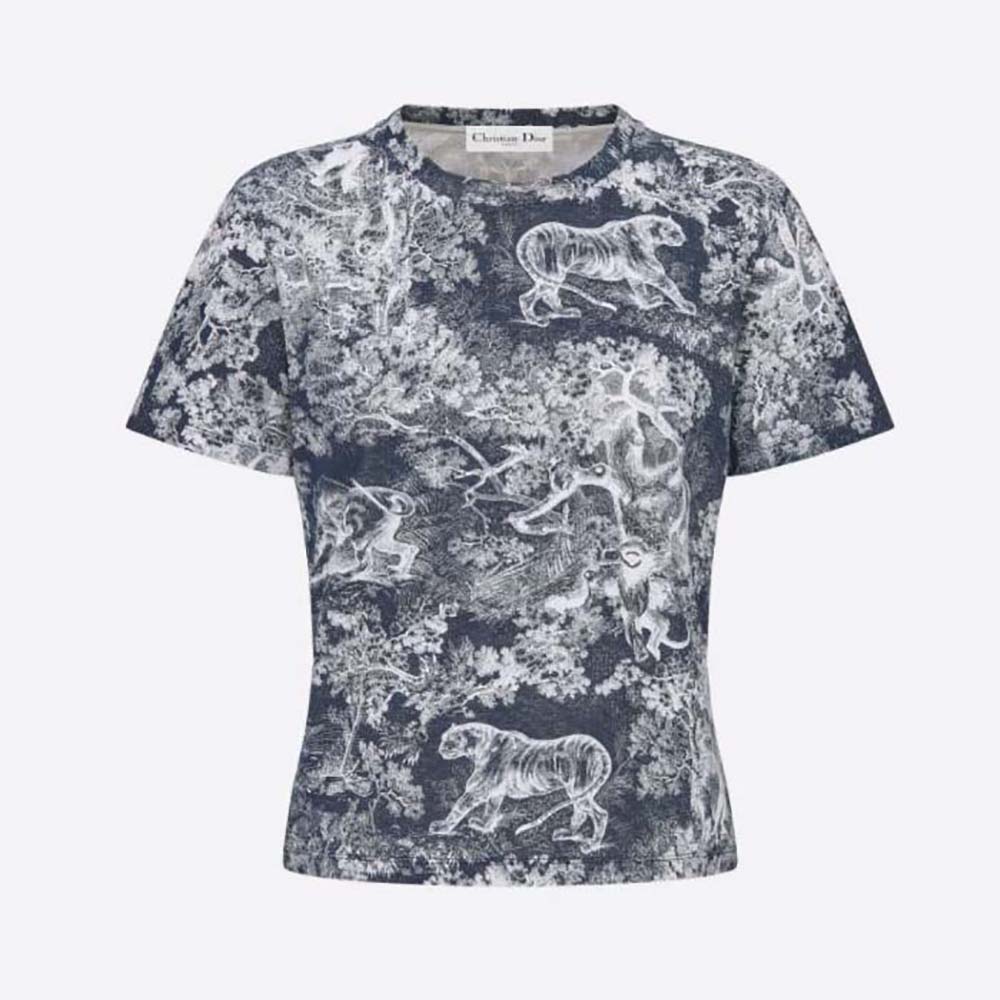Front view of Dior Women T-shirt Navy Blue Toile de Jouy Cotton and Linen Jersey
