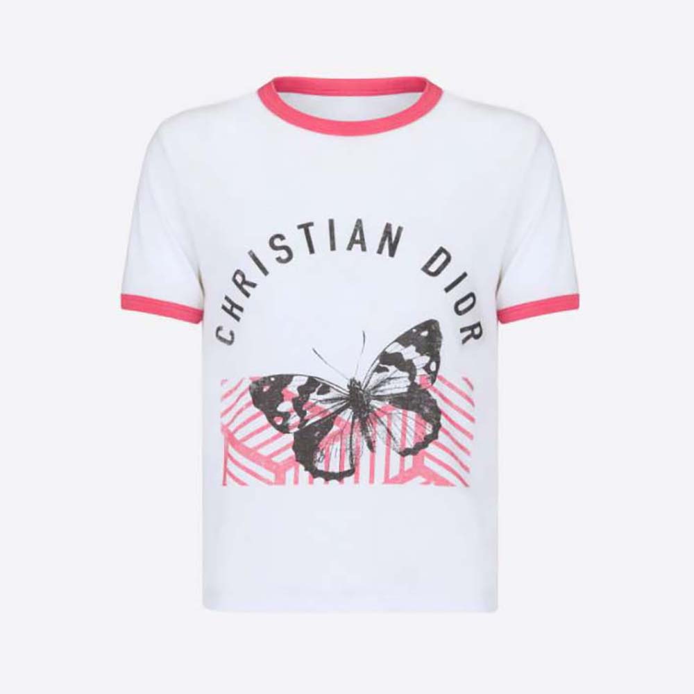 Front view of Dior Women T-shirt White Cotton Jersey with Fluorescent Pink motif
