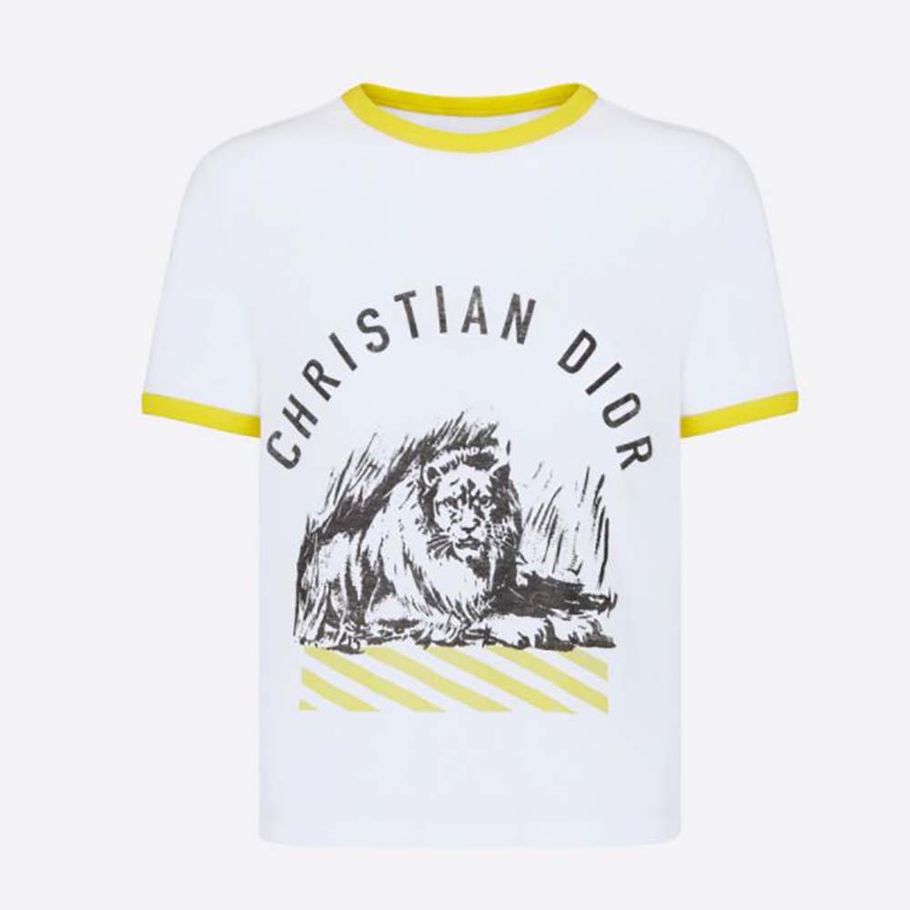 Front view of Dior Women T-shirt White Cotton Jersey with Fluorescent Yellow D-Jungle Pop Motif