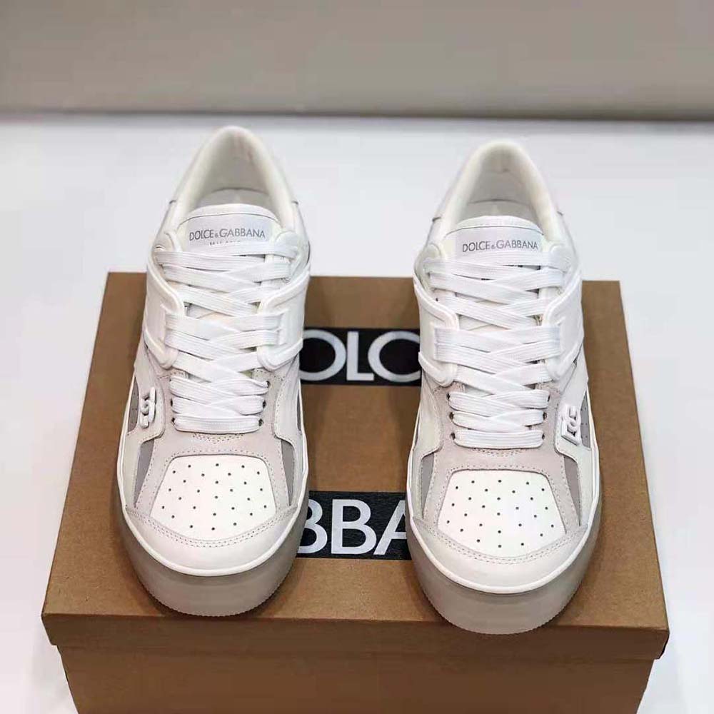 Close-up of white leather and mesh on Dolce Gabbana D&G Men Custom 2.Zero Sneakers