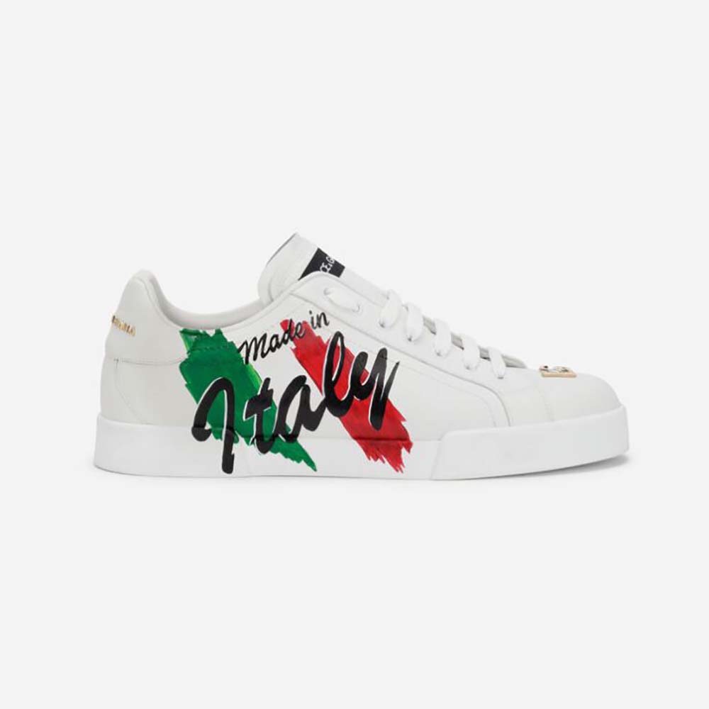 Side view of Dolce Gabbana D&G Women Calfskin Portofino Light Sneakers with Print-White