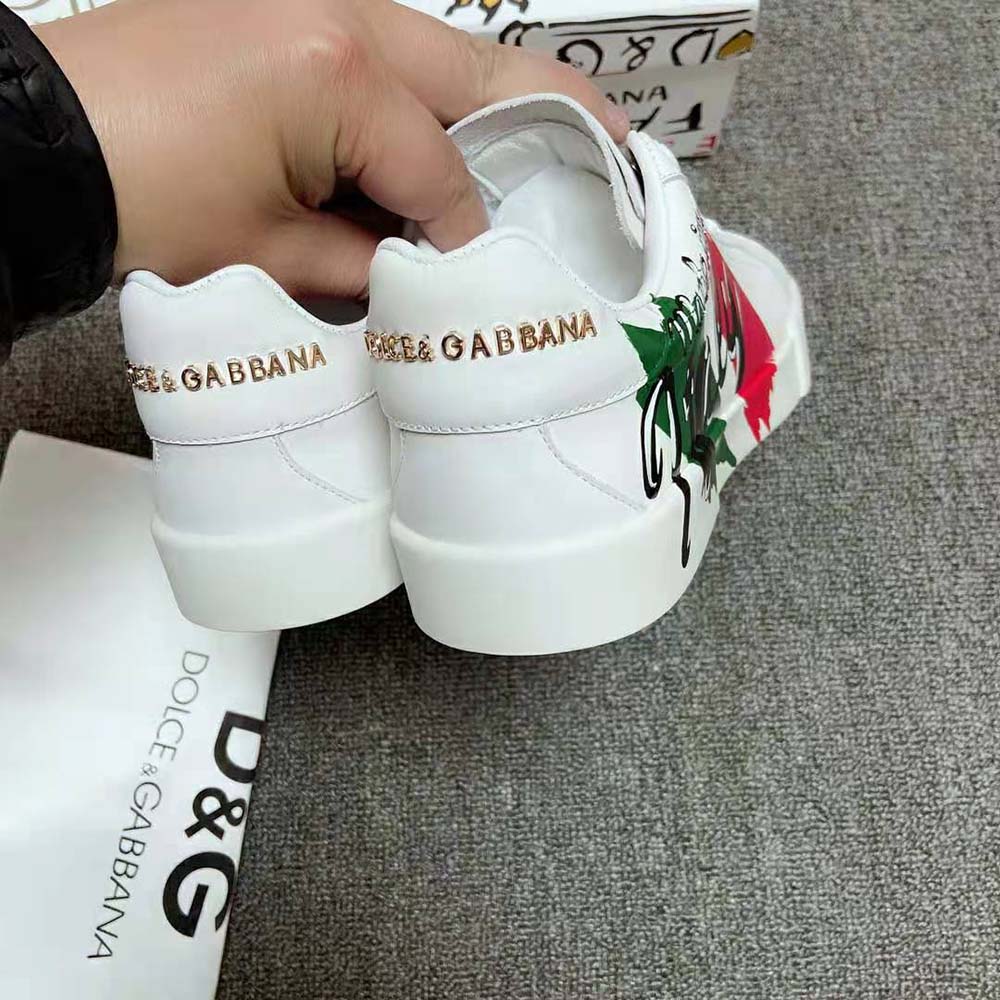 Dolce Gabbana D&G Women Calfskin Portofino Light Sneakers with Print-White - image 9