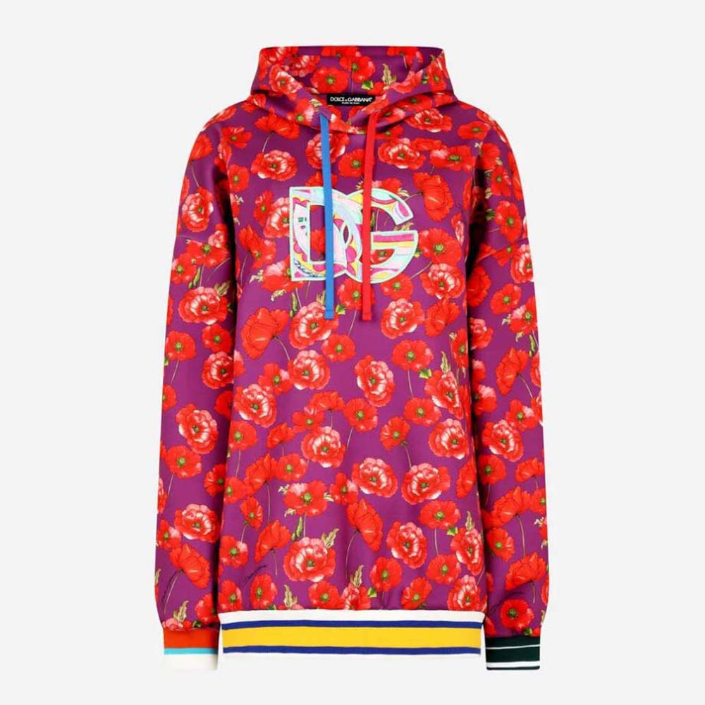 Front view of Dolce Gabbana D&G Women Garden-Print Jersey Hoodie-Red