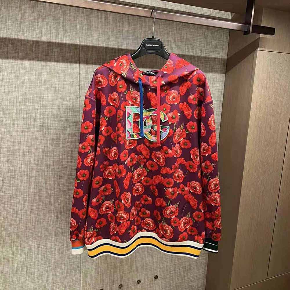 Close-up of garden floral print detail on Dolce Gabbana D&G hoodie