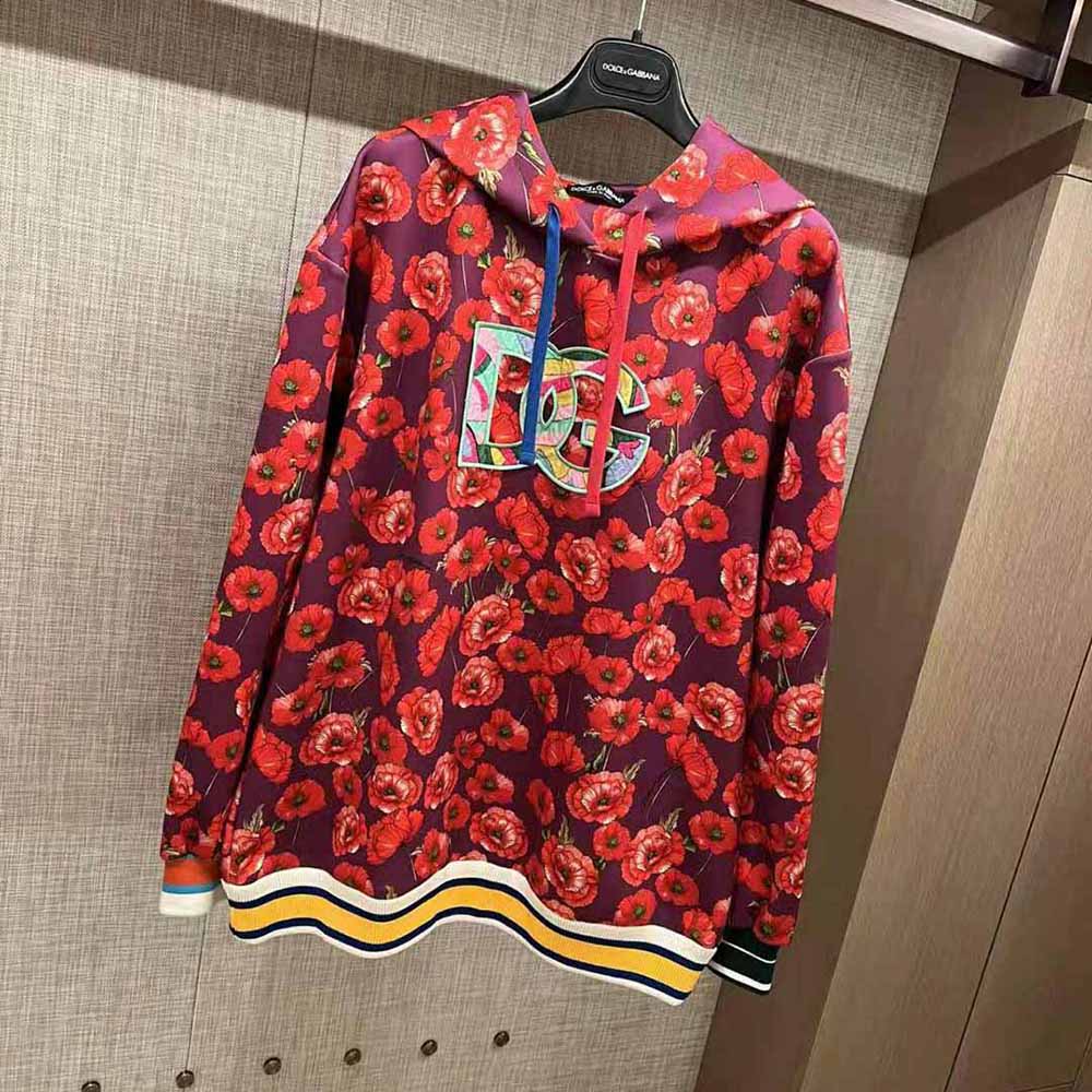 Side angle showing relaxed fit of Dolce Gabbana D&G Women Garden-Print Jersey Hoodie-Red