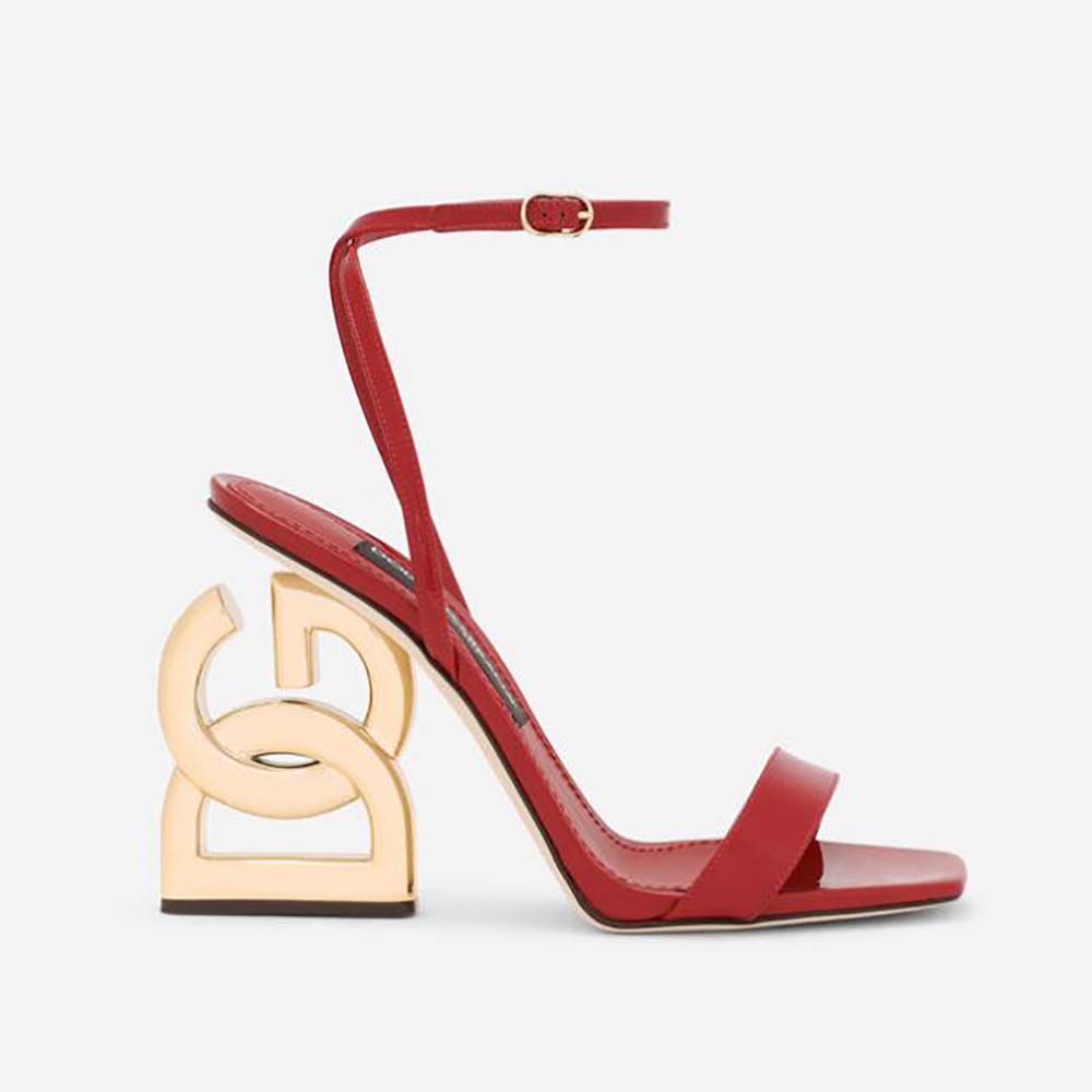 Side view of Dolce Gabbana D&G Women Patent Leather Sandals with 3.5 Heel-Red