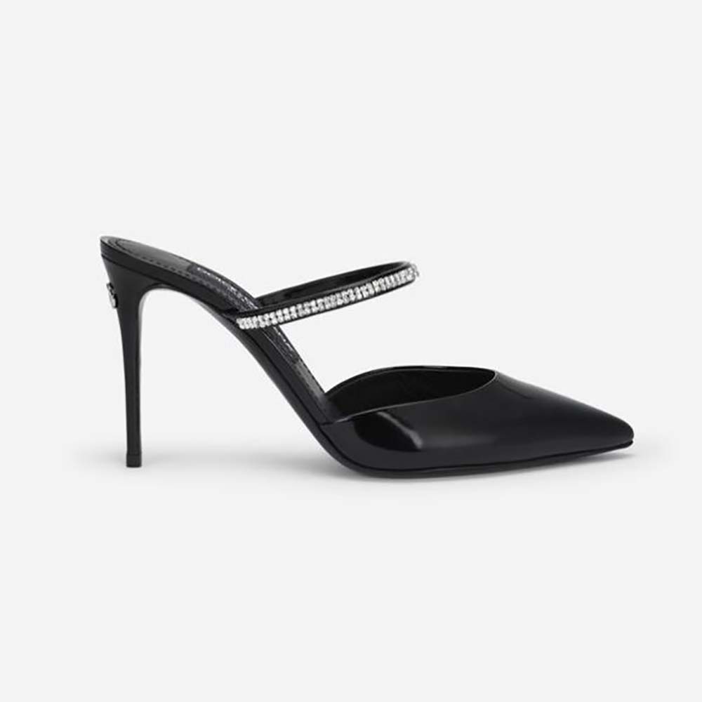 Side view of Dolce Gabbana D&G Women Polished Calfskin Mules with Embroidery-Black