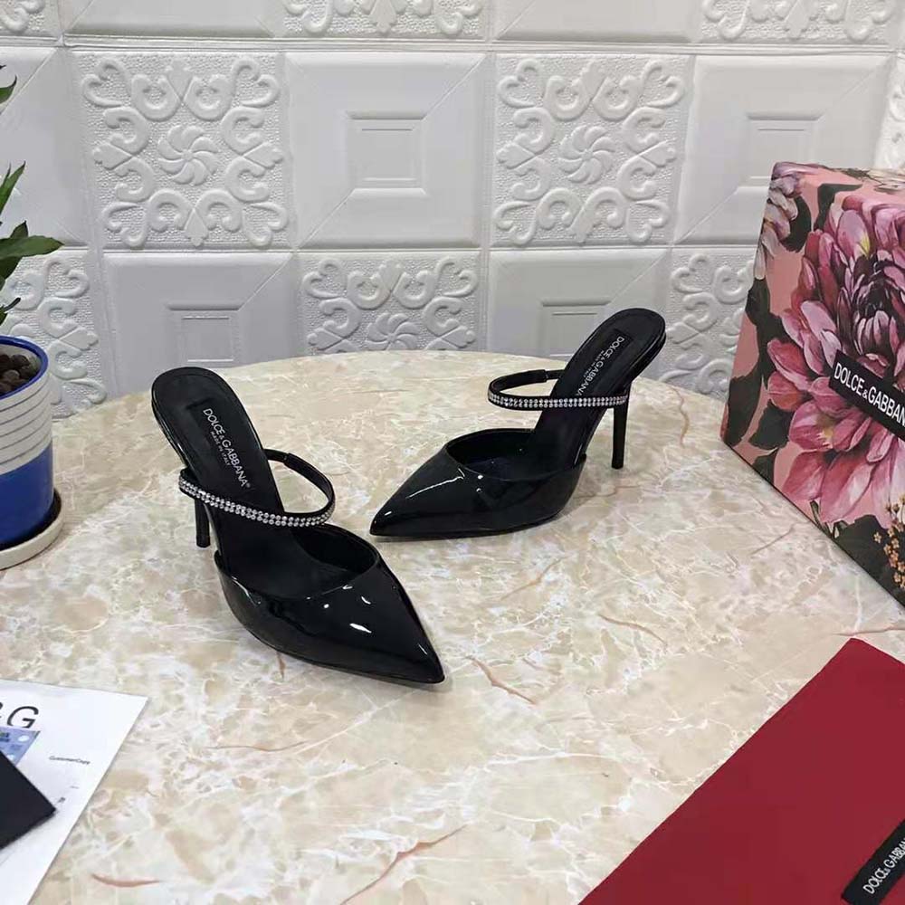 Dolce Gabbana D&G Women Polished Calfskin Mules with Embroidery-Black - image 4