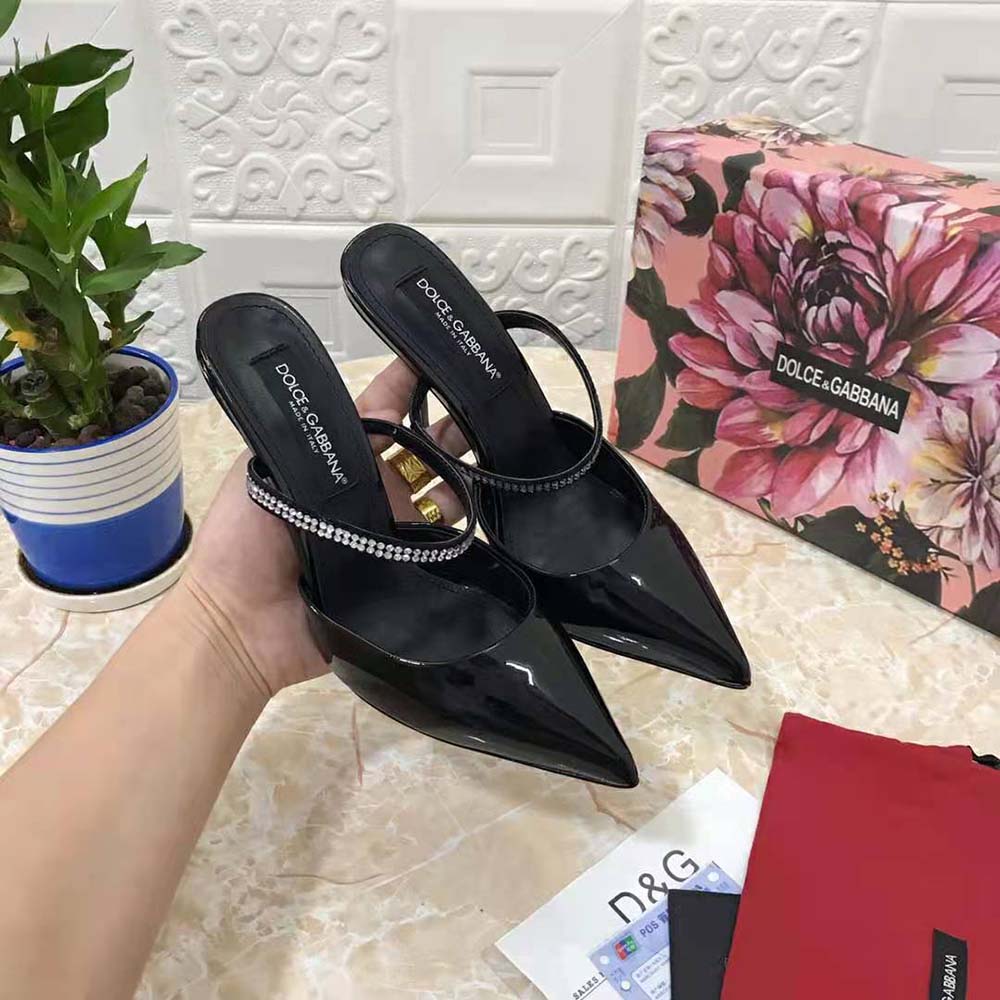 Dolce Gabbana D&G Women Polished Calfskin Mules with Embroidery-Black - image 9