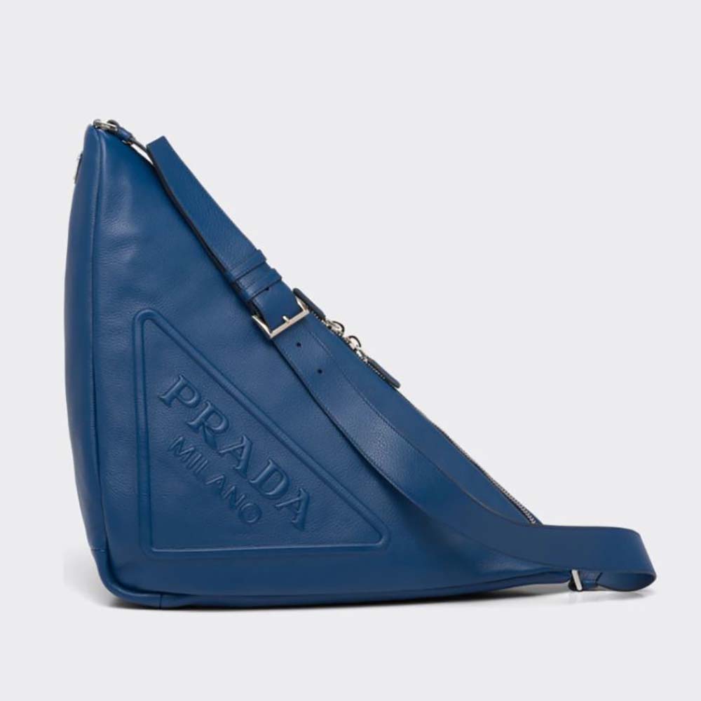 Front view of Prada Men Leather Prada Triangle Bag-Navy showing logo