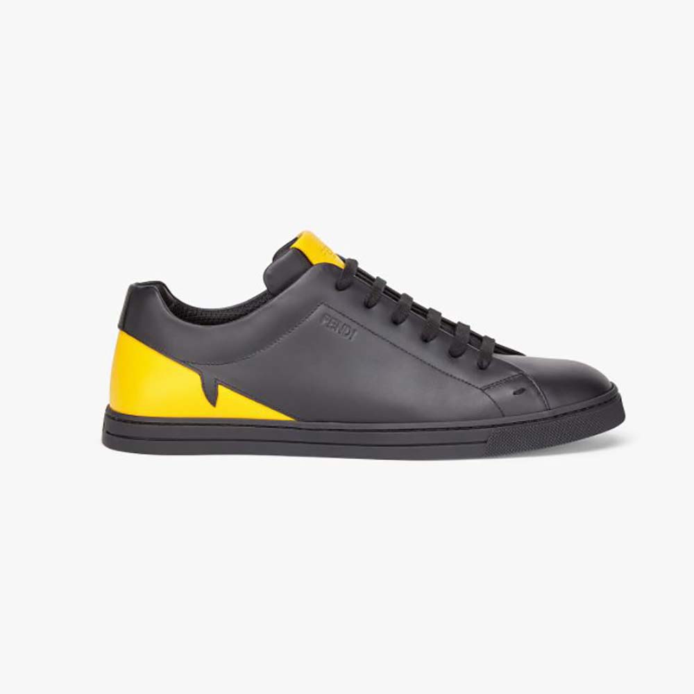 Side view of Fendi Men Sneakers Black Leather Low-Tops Rubber Cupsole