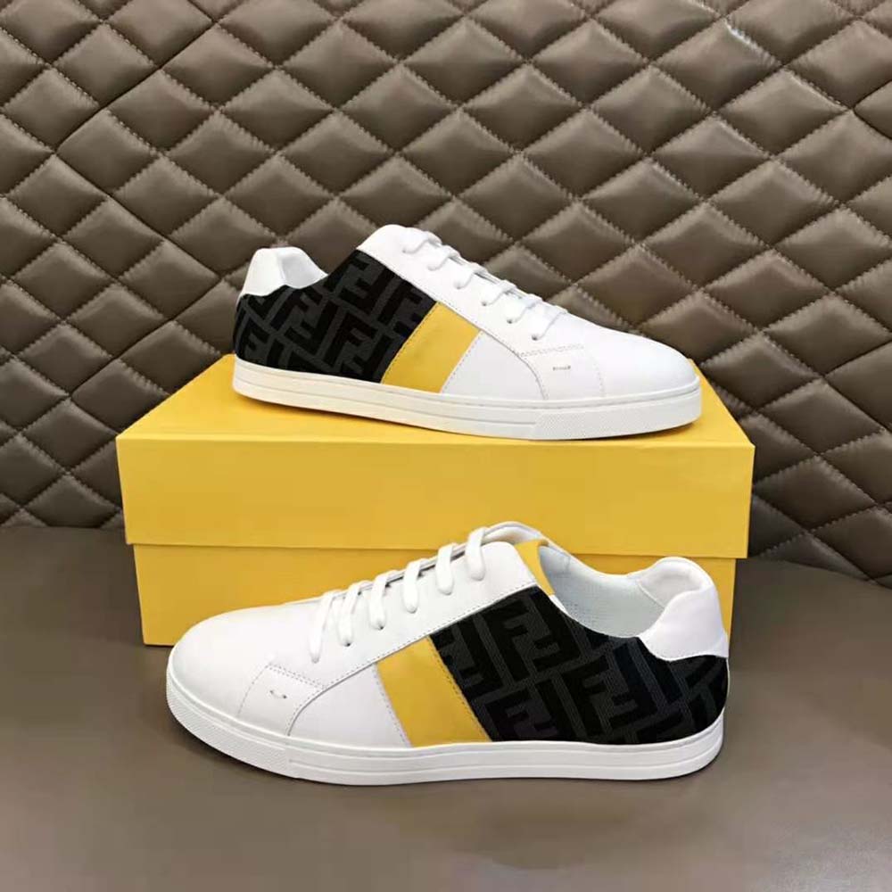 Overhead shot of Fendi Men Sneakers White Leather Low-Tops laced up neatly